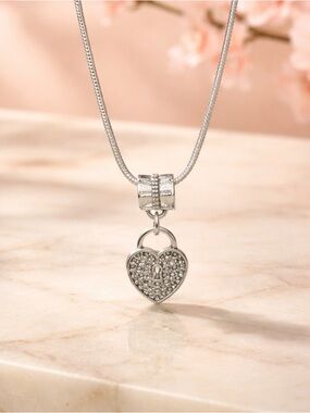 S925 Sterling Silver chain Heart Lock Pendant Necklace - no rhinestones